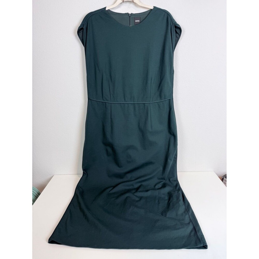 BOSS Detira Forest Green Cap-Sleeve Sheath Midi Dress 14